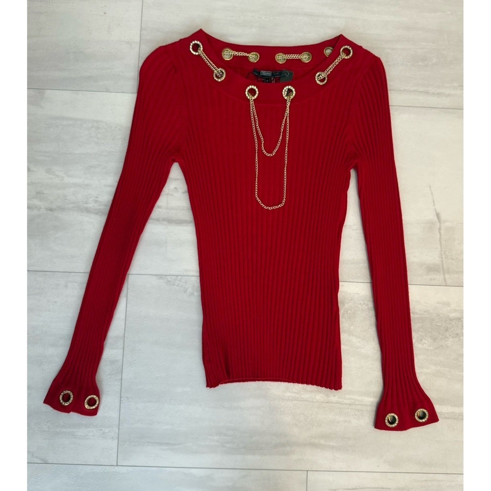 Rare Fontana Rhinestone Neck Sleeves Gold Necklace Ribbed Sweater Size M NWT - Picture 4 of 9